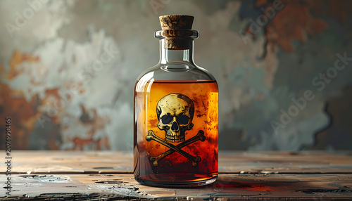 Amber Glass Bottle With Skull Label On Weathered Wood Table At Dusk Soft Light