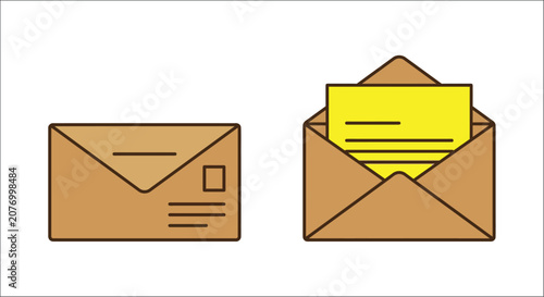 Foto Brown envelope with yellow letter illustration flat vector graphic on a white ba