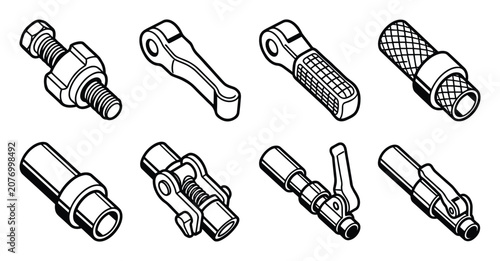 Eight isometric line art illustrations of tripod leg flip lock mechanisms.