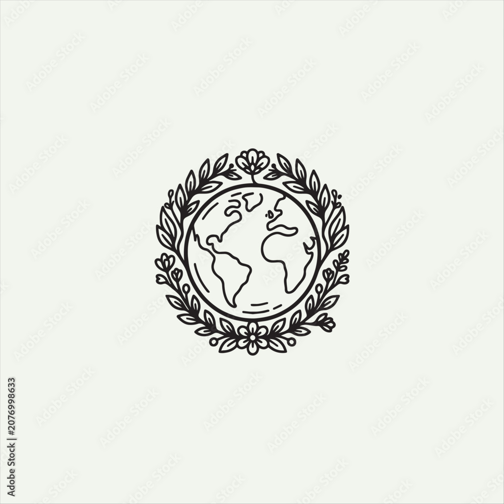Obraz premium Minimalist line drawing of earth surrounded by floral wreath on light background