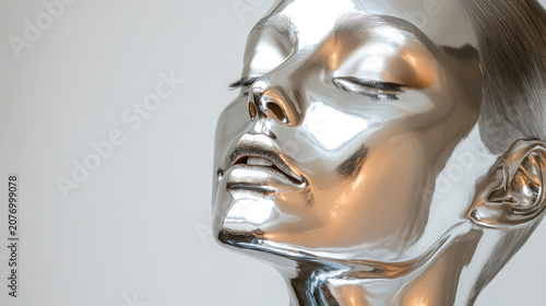 a close-up, high-gloss sculptural head with a metallic silver finish. The smooth surface reflects surrounding light, creating dramatic highlights and shadows across its serene, closed-eyed facial feat