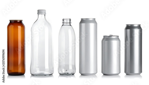 Assorted Glass Bottles And Aluminum Cans Arranged On White Studio Background