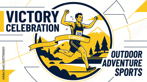 Victory Celebration Of Runner Crossing Finish Line In Outdoor Adventure Sports