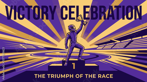 Victory Celebration On Podium With Trophy And Grandstand Podium Triumph