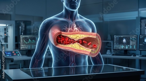 Medical illustration of atherosclerosis showing plaque buildup in an artery