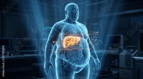 Holographic medical scan displays obese human body with highlighted liver and internal organs