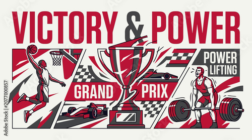 Victory And Power Sports Collage Championship Trophy And Athletes