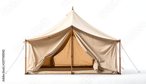 Beige Canvas Camping Tent With Open Front Entrance On White Studio Backdrop