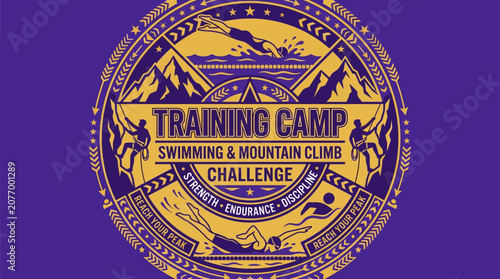 Training Camp Swimming And Mountain Climb Challenge Event Emblem