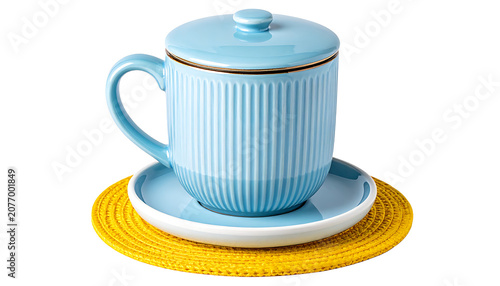 Blue Ceramic Teacup With Lid On White Saucer On Bright Yellow Coaster