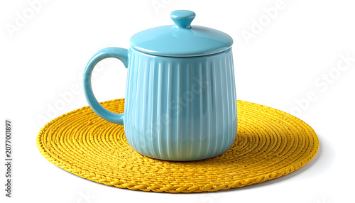 Blue Ceramic Teacup With Lid On Yellow Woven Placemat In Studio Lighting
