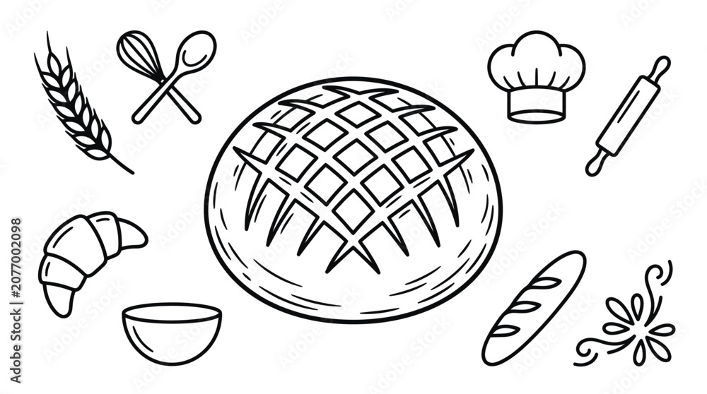 Αυτοκόλλητο Large round crusty bread with bakery utensil icons.