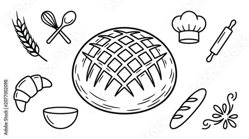 Slika na platnu Large round crusty bread with bakery utensil icons.