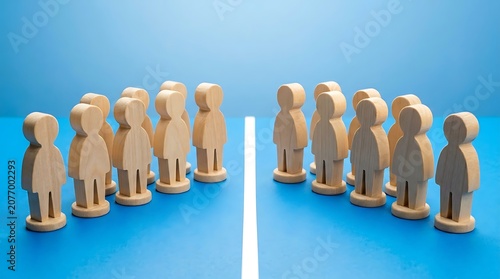 A group of wooden people figures standing divided into two opposing sides on a blue surface with a white line.