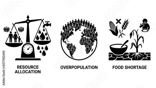 Resource Management Vector Icon Sheet, Flat Silhouettes of Balance Scale Weighing People vs Water Droplets Crowded Planet Earth and Food Scarcity Symbols