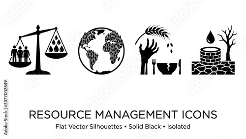 Resource Management Vector Icon Sheet, Flat Silhouettes of Balance Scale Weighing People vs Water Droplets Crowded Planet Earth and Food Scarcity Symbols