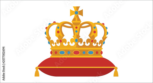 Tableau sur toile Golden crown and red cushion a flat vector illustration on a white background ro