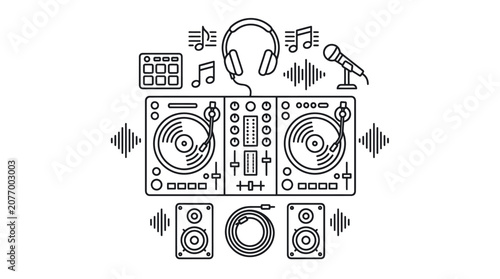 Music DJ mixer and audio equipment line art