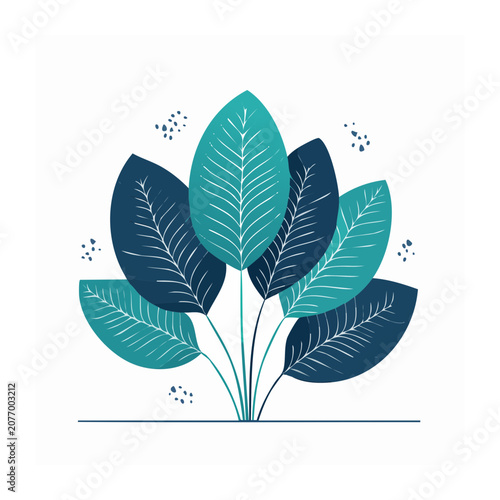 Flat illustration of tropical leaves in teal and navy blue