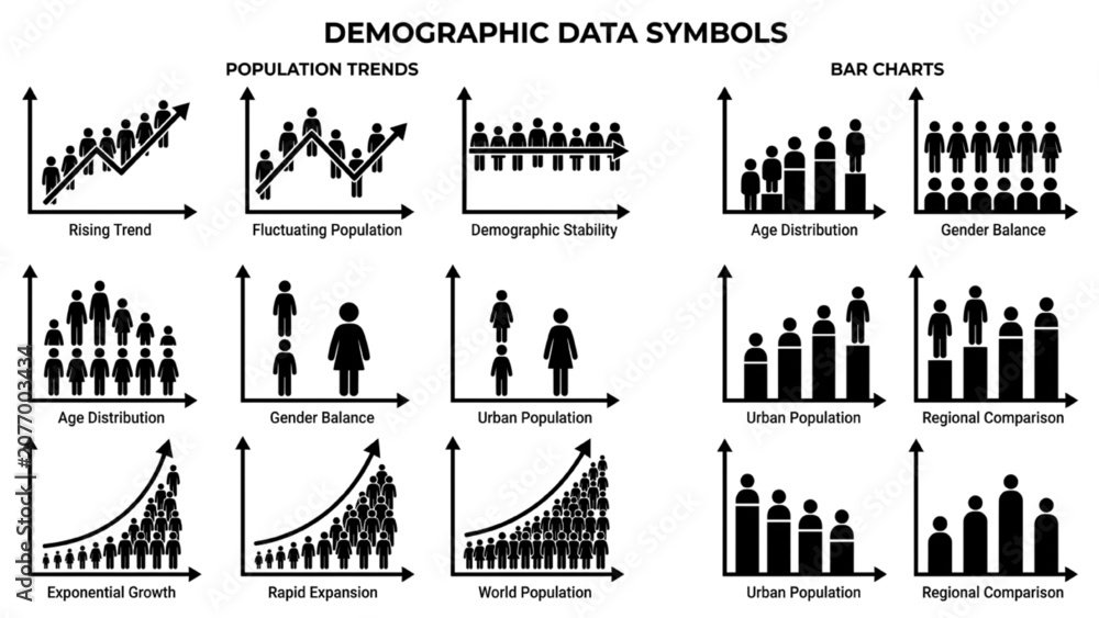 Obraz premium Demographic Data Vector Icon Sheet, Flat Silhouettes of Line Charts Shaped Like Human Crowds Bar Graphs and Population Growth Curves, Minimal Art