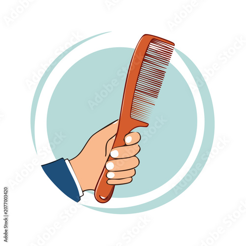 Hand holding wooden comb flat vector illustration