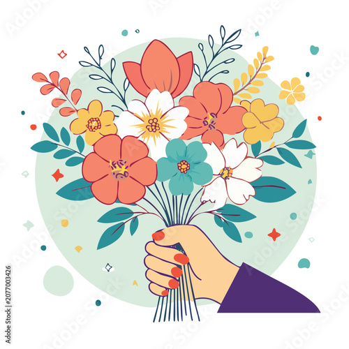 Hand holding colorful flower bouquet flat vector illustration