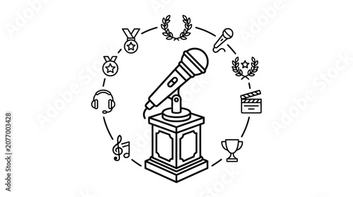 Studio microphone on stand with award and media icons.