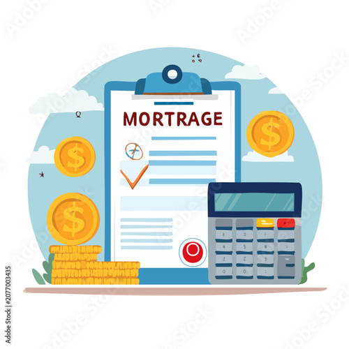 Mortgage application with calculator and coins illustration