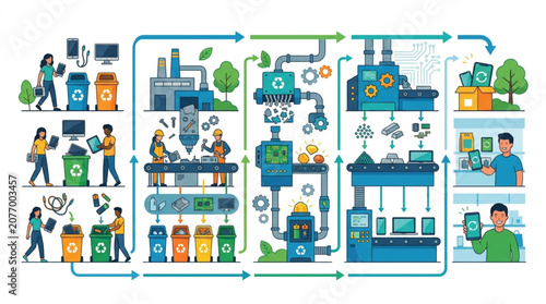 Illustrative infographic depicting the electronic waste recycling process from collection and sorting to dismantling and material recovery within a factory setting