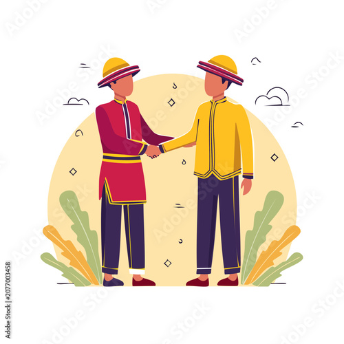 Two men in traditional clothing shaking hands illustration