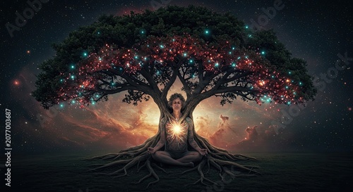 Meditating figure under illuminated tree cosmic fantasy art illustration
