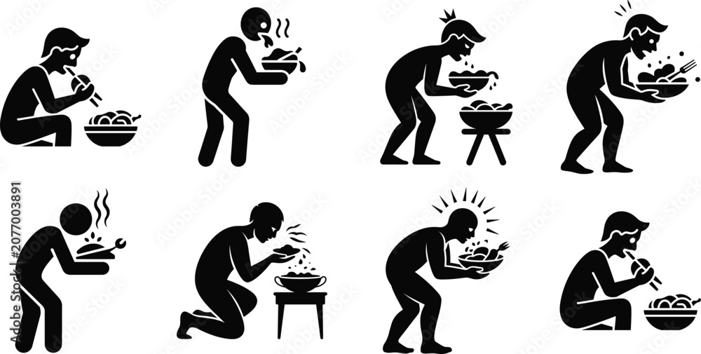 Obraz premium Set of silhouettes showing people eating food in different styles
