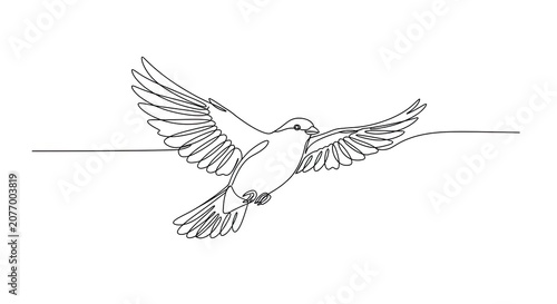 Minimalist line drawing of a soaring dove bird on a white background