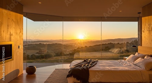 Modern bedroom with panoramic view of sunrise over a scenic landscape