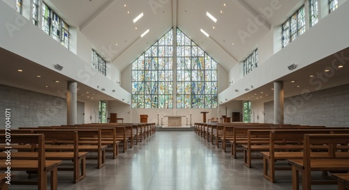 Modern church interior empty pews and architectural design