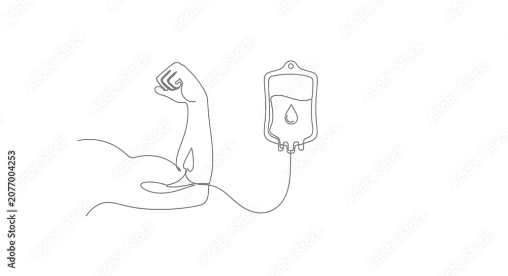 Obraz premium Strong Arm Connected to Blood Bag - Medical Strength Concept