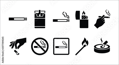 Tableau sur toile Smoking related icons flat black silhouettes on a white background cigarette tob