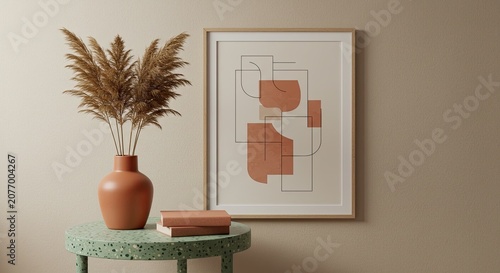Modern interior decor with abstract art vase and dried pampas grass display