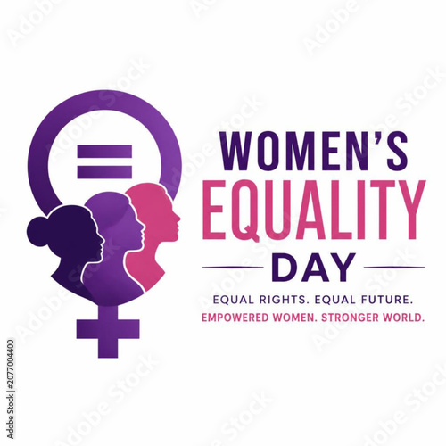 Women equality day graphic design with diverse female silhouettes and purple gender equality symbol