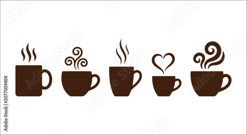 Canvastavla Coffee cup silhouettes with steam variations on a white background cups mugs caf
