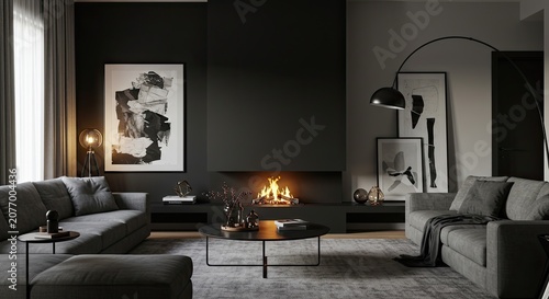 Modern living room interior with fireplace and artwork monochrome aesthetic