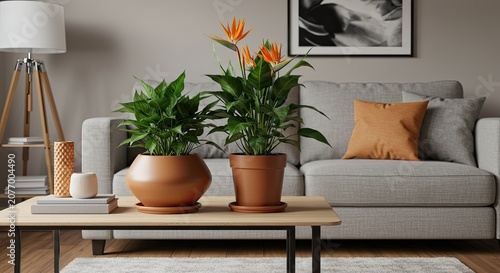 Modern living room interior with plants and sofa photography