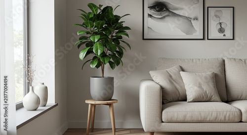 Modern living room interior with plant sofa and artwork decorative elements