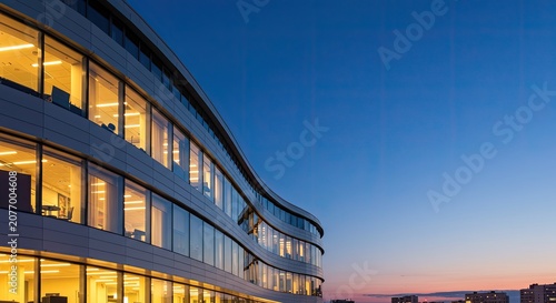 Modern office building exterior at dusk blue sky architecture
