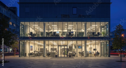 Modern office building exterior at dusk with illuminated interior and glass facade