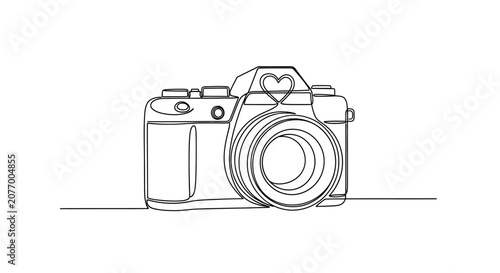 Minimalist continuous line drawing of a vintage camera with a heart on the viewfinder