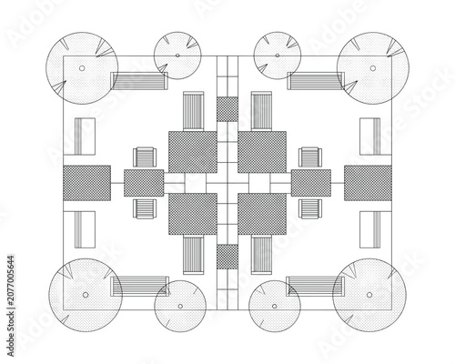 Overhead plan view of a symmetrical urban park layout with benches.