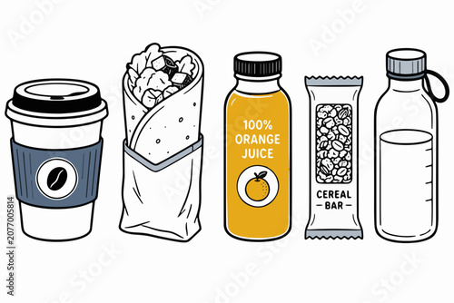 Obraz na plátně monoline illustration of commuter food and drink objects icon set