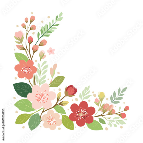 Floral corner border with pink and red blossoms