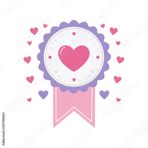 Pink heart badge with ribbon and scattered hearts